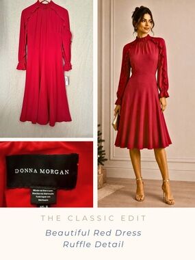 Donna Morgan | Cherry Red Crepe Dress | Ruffle Sleeve Detail | Midi | NWT | 8